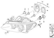 Детали галогенной фары для BMW E91N 318d N47 (схема запасных частей)