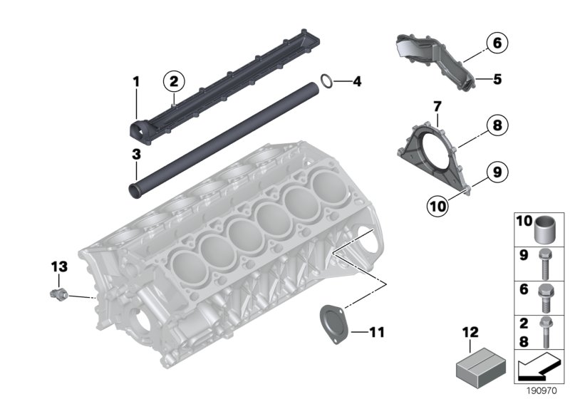 Блок цилиндров/дополнительные элементы для BMW RR3 Coupé N73 (схема запчастей)