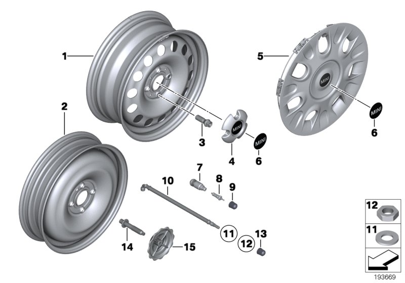 Колесный диск MINI сталь, дизайн 12 для BMW R56 One D W16 (схема запчастей)