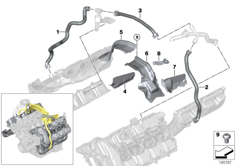 Система вентиляции картера для BMW E71 X6 M S63 (схема запчастей)