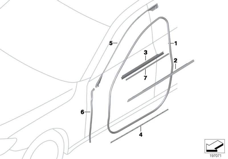 Накладки и уплотнения двери Пд для BMW F02N Hybrid 7L N55 (схема запчастей)