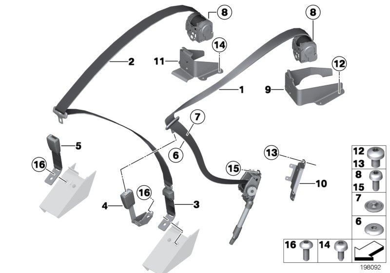 Rear seat belt, basic для BMW RR1N Phantom N73 (схема запчастей)