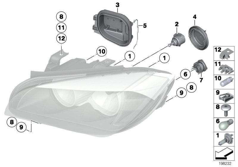 Детали галогенной фары для BMW E84 X1 20iX N20 (схема запчастей)