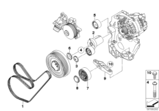 Ременный привод водяной помпы/генератора для BMW E87N 118d N47 (схема запасных частей)