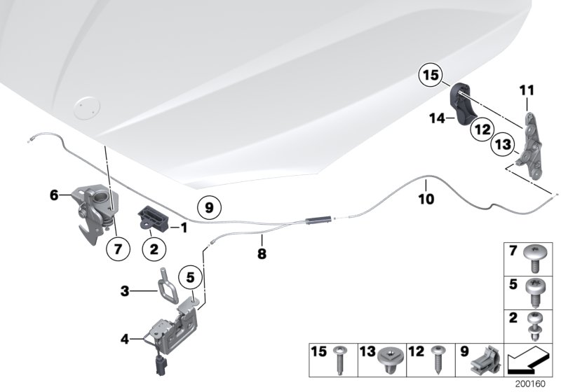 Система замков капота для BMW E84 X1 20i N20 (схема запчастей)
