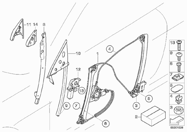 Механизм перемещения стекла двери Пд для BMW E64 M6 S85 (схема запчастей)