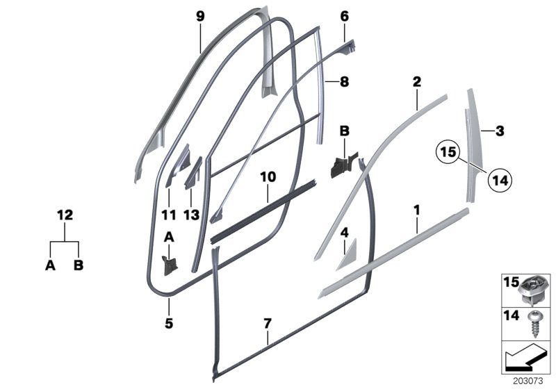 Накладки и уплотнения двери Пд для ROLLS-ROYCE RR4 Ghost N74R (схема запчастей)