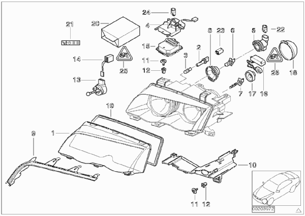 Детали ксеноновой фары для BMW E46 318i M43 (схема запчастей)