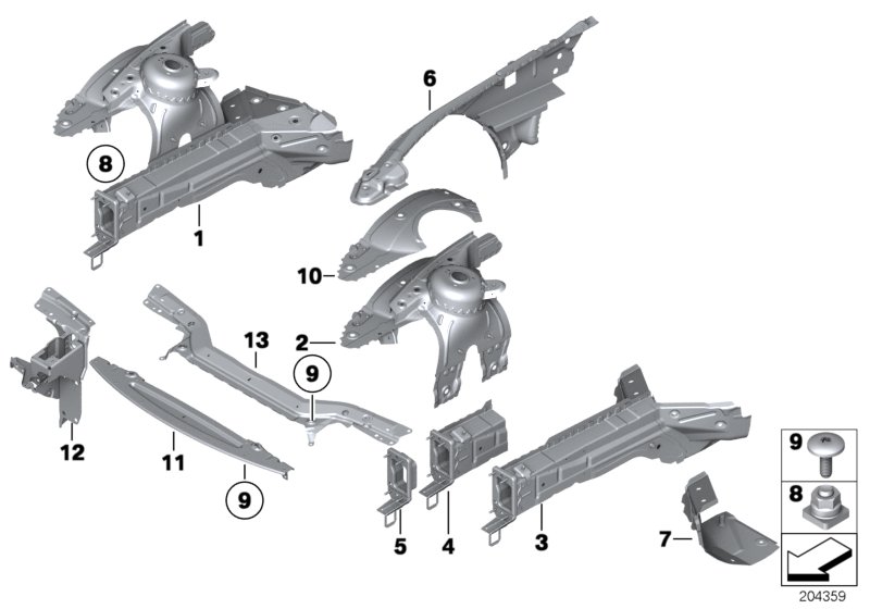 Колесная ниша/лонжерон для BMW E89 Z4 30i N52N (схема запчастей)