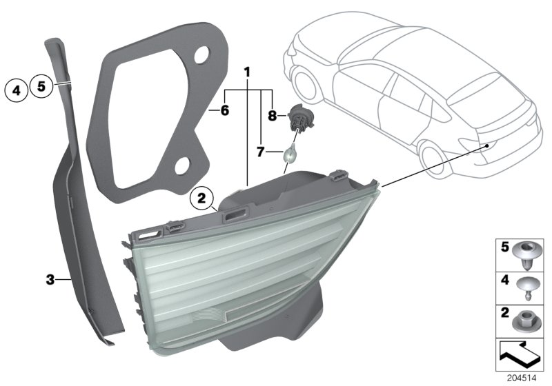 Блок задних фонарей на багажной двери для BMW F07 550i N63N (схема запчастей)
