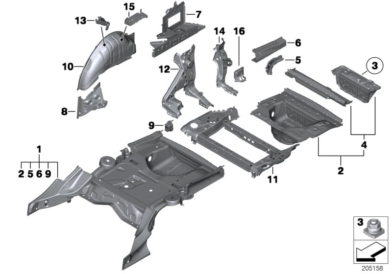 Пол багажника/брызговик Зд для BMW F07 530dX N57 (схема запчастей)