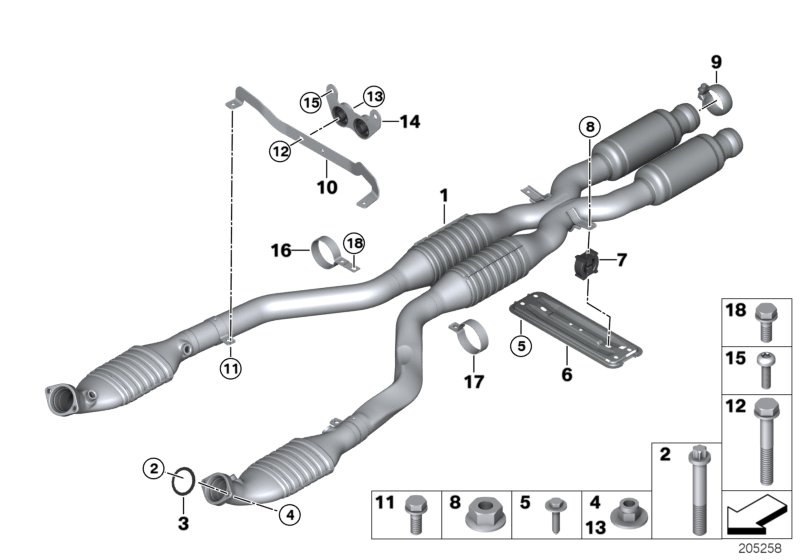 Катализатор/передний доп.глушитель для BMW E93N M3 S65 (схема запчастей)