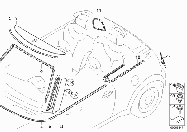 Наружные накладки / декоративные решетки для BMW R57N Cooper S N18 (схема запчастей)