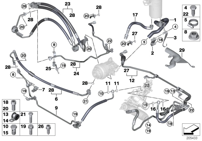 Трубопр.гидроус.рул.упр./Adaptive Drive для BMW E71 X6 M S63 (схема запчастей)
