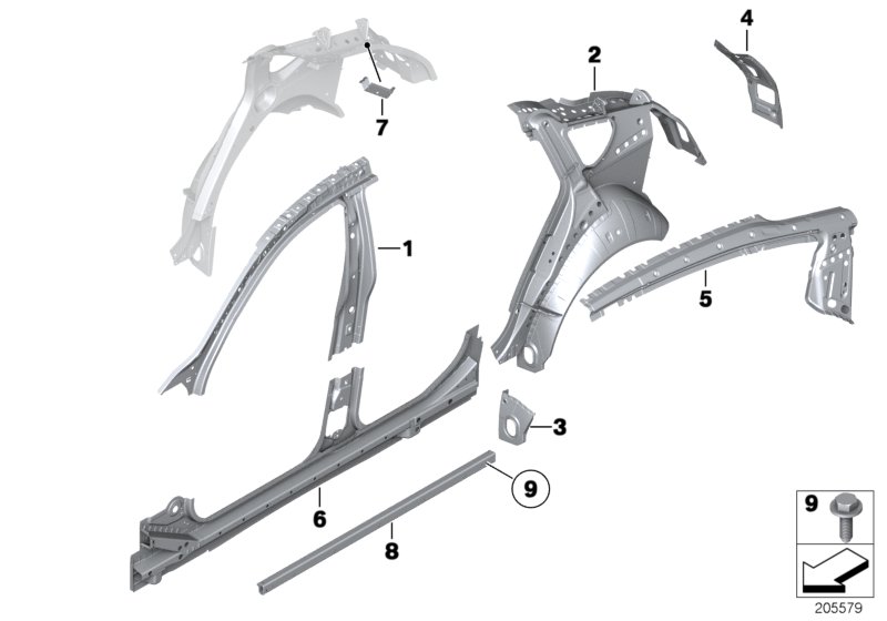 Детали бокового каркаса для BMW F07N 535iX N55 (схема запчастей)