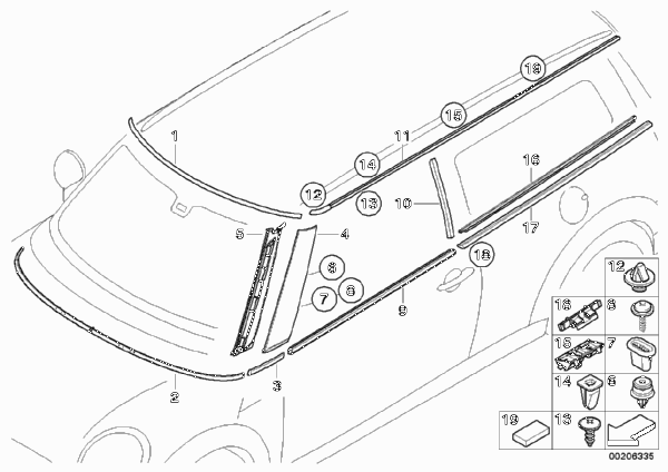 Наружные накладки / декоративные решетки для BMW R55 Cooper d W16 (схема запчастей)