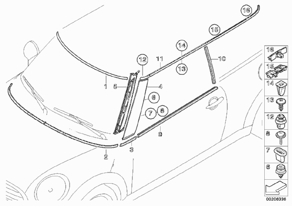Наружные накладки / декоративные решетки для BMW R56 Cooper N12 (схема запчастей)