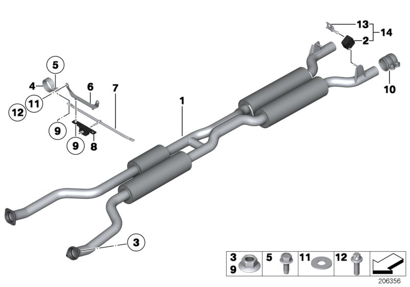 Передний дополнительный глушитель для BMW RR3N Coupé N73 (схема запчастей)