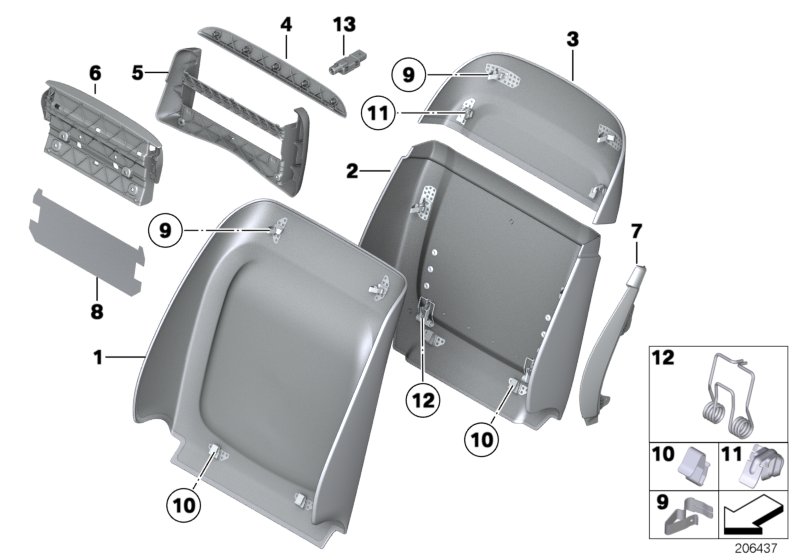 Накладки спинки переднего сиденья для BMW F07 550i N63N (схема запчастей)