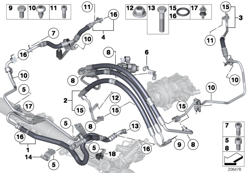 Трубопр.гидроус.рул.упр./Dynamic Drive для BMW F02 750LiX N63 (схема запчастей)