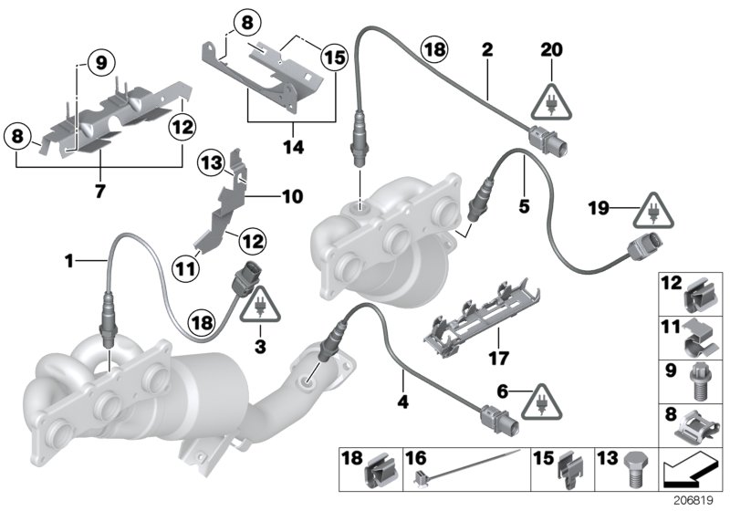 Лямбда-зонд/дополнительные элементы для BMW E63 630i N52 (схема запчастей)