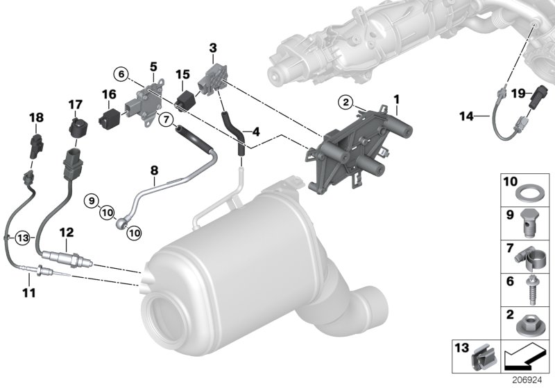 Датчики саж. фильтра/дополн.элементы для BMW F07 535d N57S (схема запчастей)