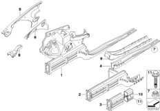 Колесная ниша/лонжерон для BMW E90N 330i N52N (схема запасных частей)