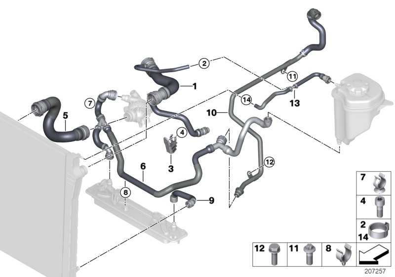 Водяной шланг системы охлаждения для BMW E70 X5 3.0si N52N (схема запчастей)