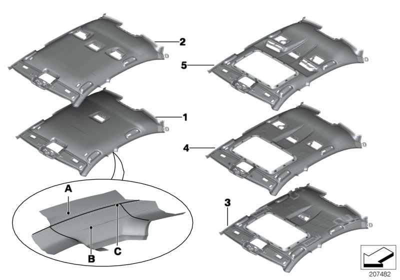 Инд.фасонная панель потолка Alcantara для BMW F02N 730Li N52N (схема запчастей)