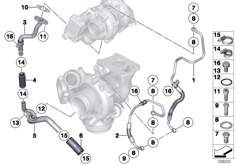Смазочная система турбонагнетателя для BMW F11 535d N57S (схема запчастей)