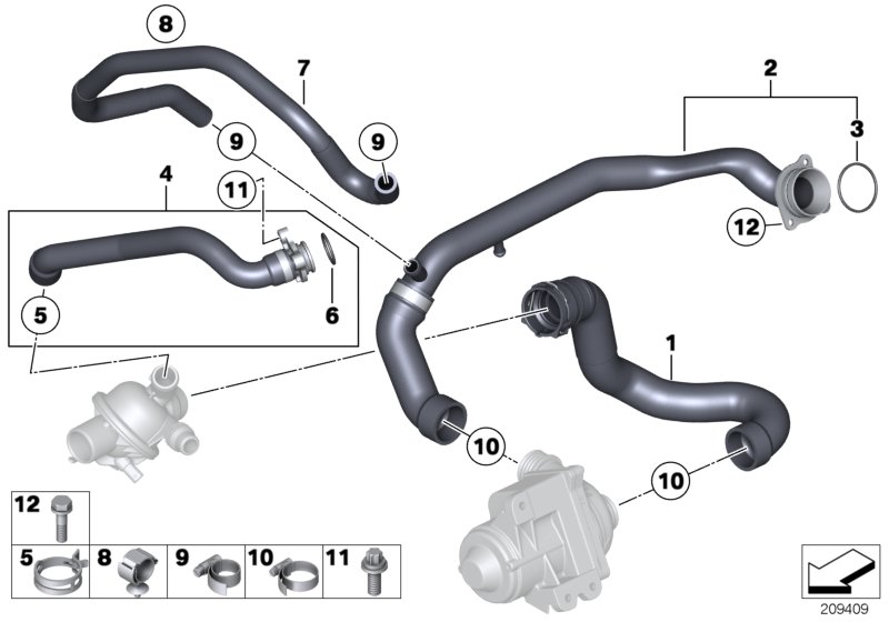 Водяной шланг системы охлаждения для BMW F06N 640iX N55 (схема запчастей)