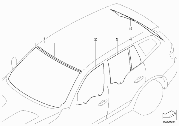 Остекление для BMW E83 X3 2.0d M47N2 (схема запчастей)