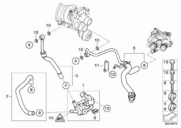 Система охлаждения-турбонагнетатель для BMW R55 Coop.S JCW N14 (схема запчастей)