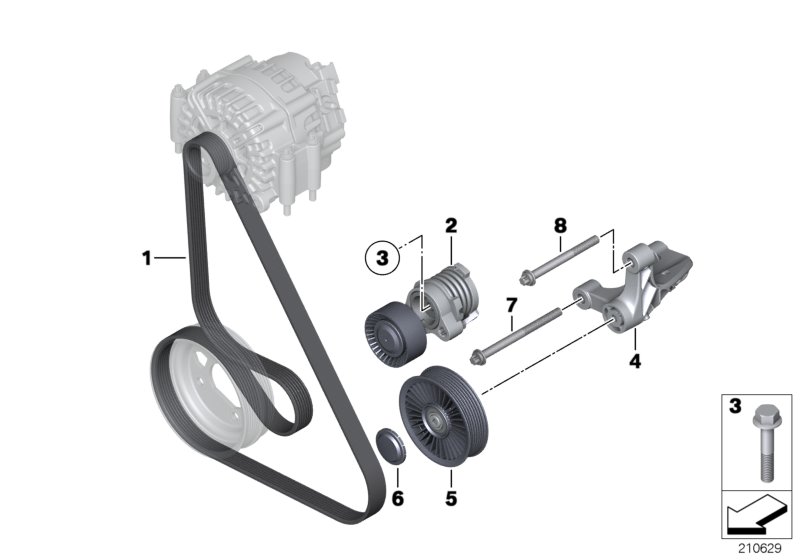 Ременный привод водяной помпы/генератора для BMW F10 550i N63 (схема запчастей)