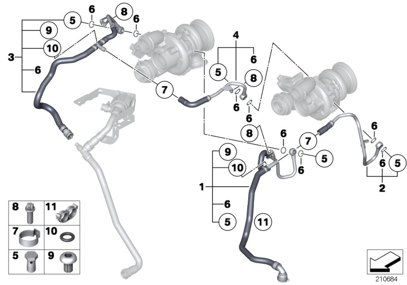 Система охлаждения-турбонагнетатель для BMW F04 Hybrid 7L N63 (схема запчастей)
