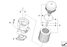 Смазочная система-масляный фильтр для BMW E92N 316i N43 (схема запасных частей)