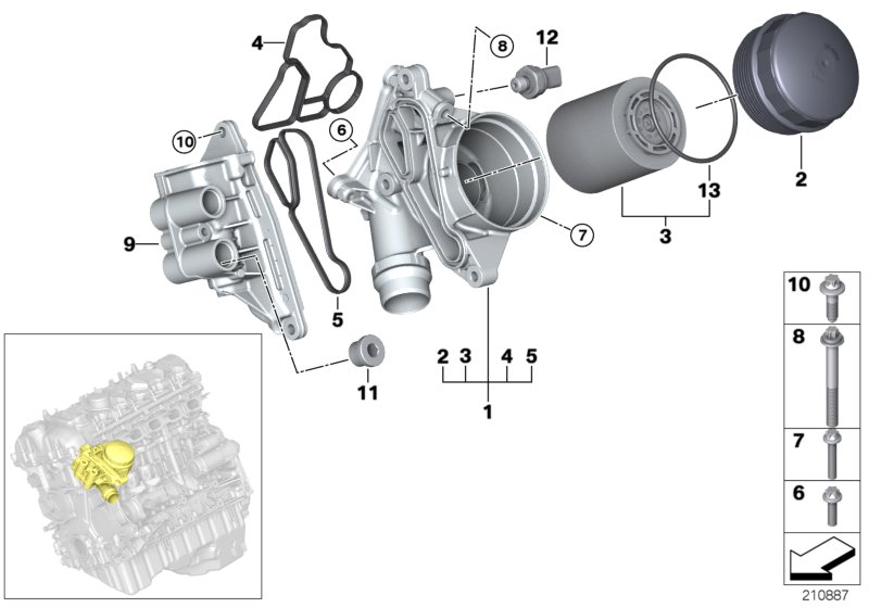 Смазочная система-масляный фильтр для BMW F20 M135i N55 (схема запчастей)