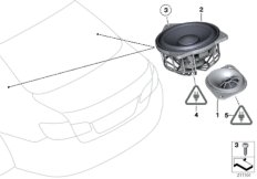 Детали системы HiFi на полке за Зд сид. для BMW F10N 530dX N57N (схема запасных частей)