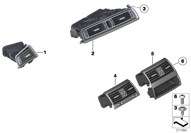 Вентиляционная решетка для BMW F10 528i N20 (схема запчастей)