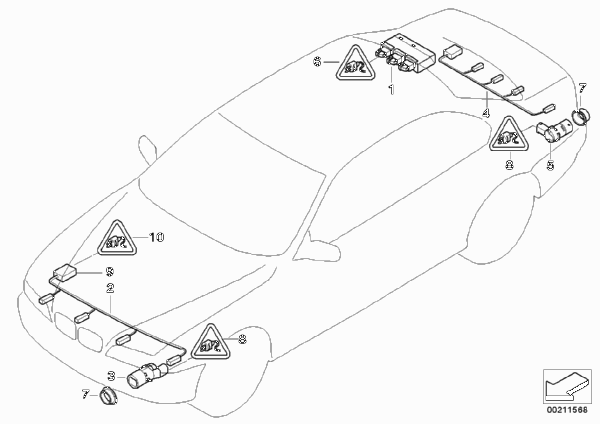 Сигнализация авар.сближен.при парк.(PDC) для BMW E61N 530xd M57N2 (схема запчастей)