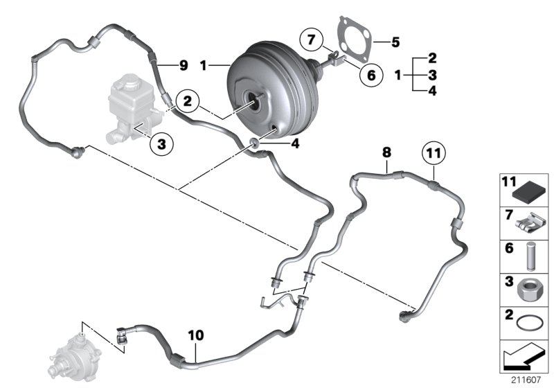 Вакуумный усилитель тормозов для BMW F10 528i N53 (схема запчастей)