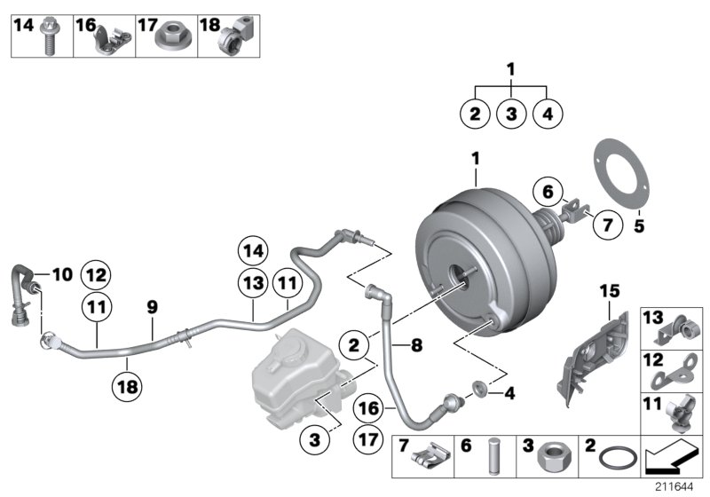 Вакуумный усилитель тормозов для BMW E82 135i N54 (схема запчастей)