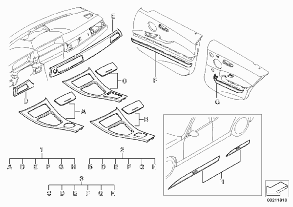 К-т доосн.самокл.накладками для салона для BMW E90 M3 S65 (схема запчастей)