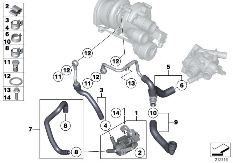 Система охлаждения-турбонагнетатель для BMW R60 JCW ALL4 N18 (схема запчастей)
