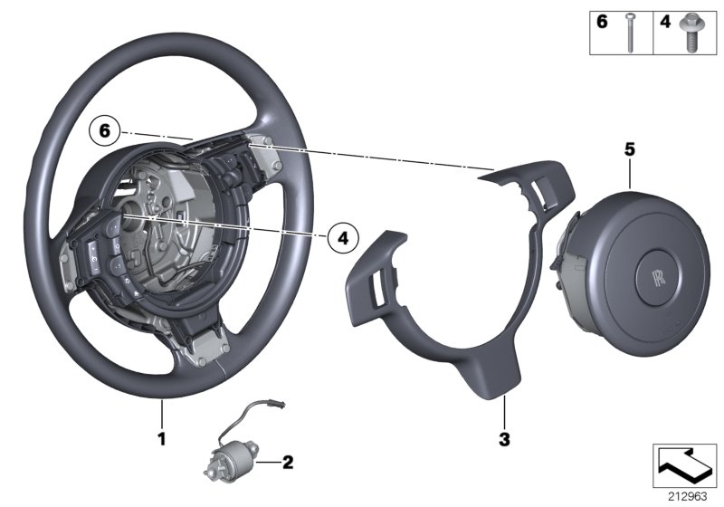 Многофункциональное рулевое колесо с НПБ для ROLLS-ROYCE RR4 Ghost N74R (схема запчастей)