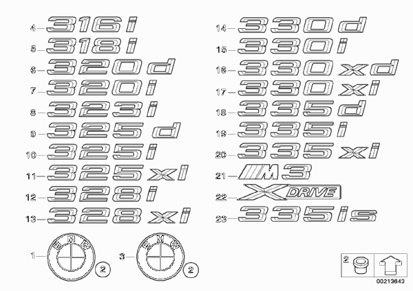 Эмблемы / надписи для BMW E93N 320i N46N (схема запчастей)