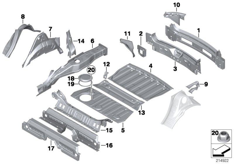Пол багажника/брызговик Зд для MINI R61 Cooper S N18 (схема запчастей)