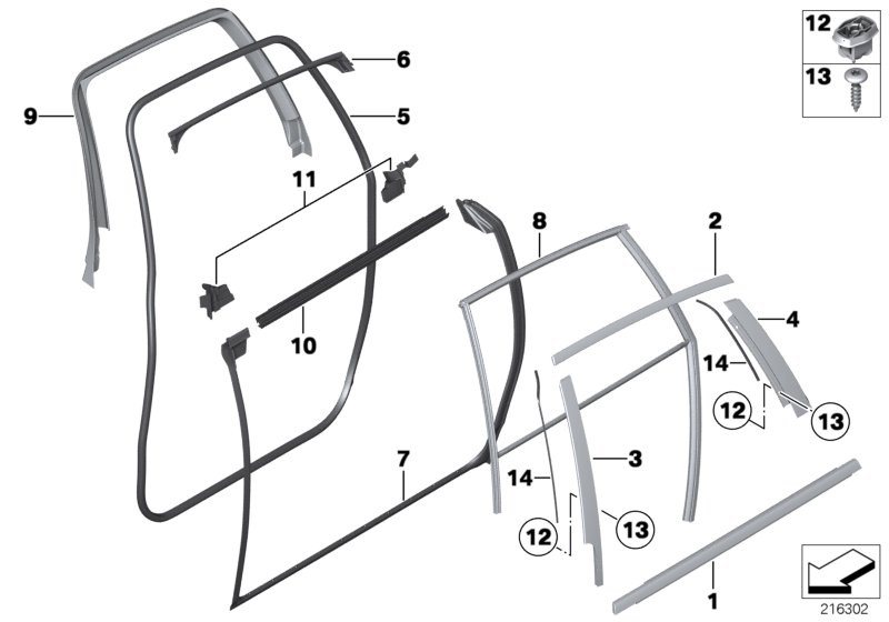 Накладки и уплотнения двери Зд для BMW RR4 Ghost N74R (схема запчастей)