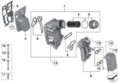 Масляный фильтр смаз.сист.,теплообменник для BMW F25 X3 20dX N47N (схема запасных частей)
