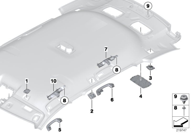 Доп.элементы потолка для BMW F11 528i N53 (схема запчастей)